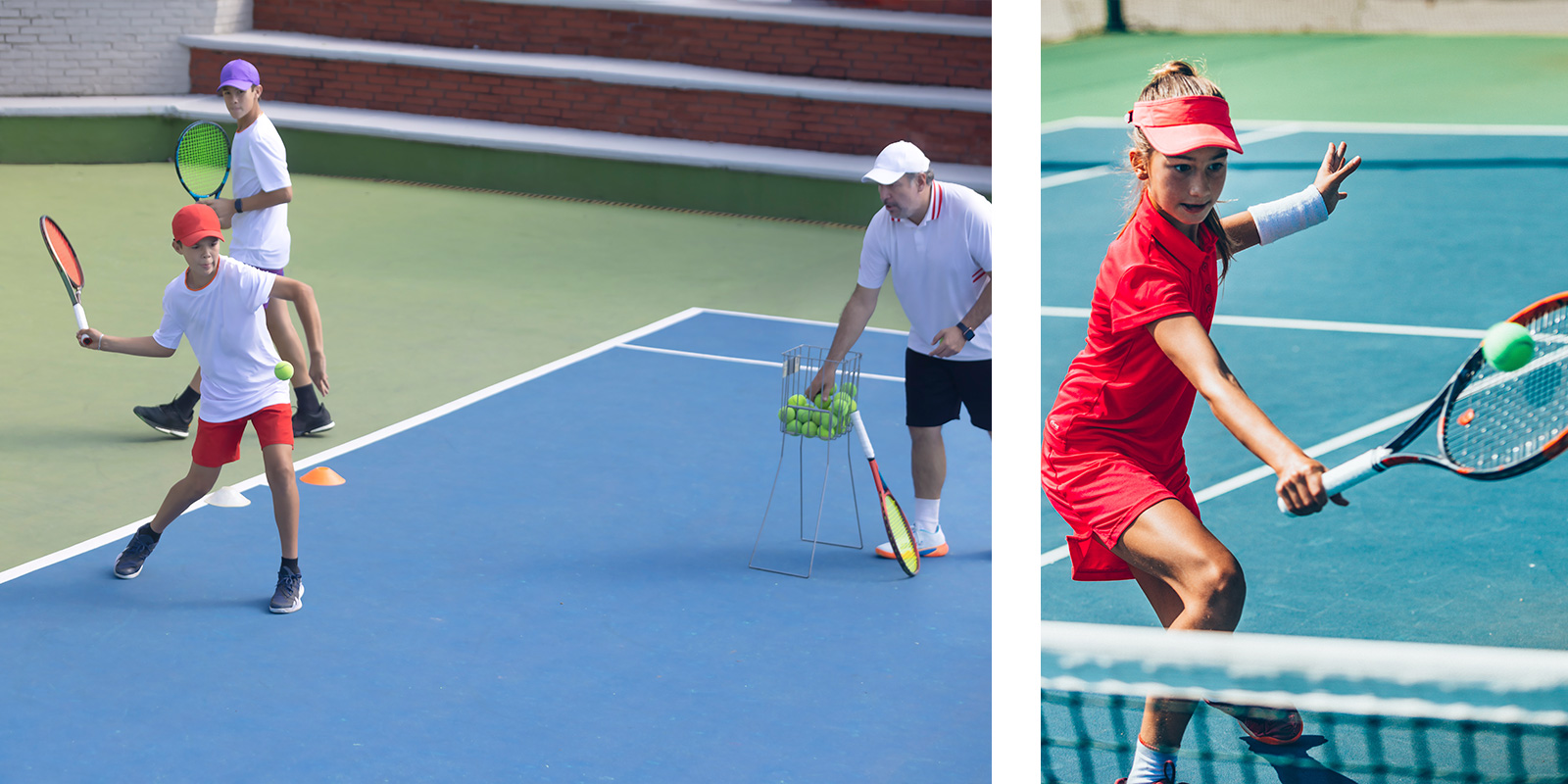 Young tennis players are practising on a court
